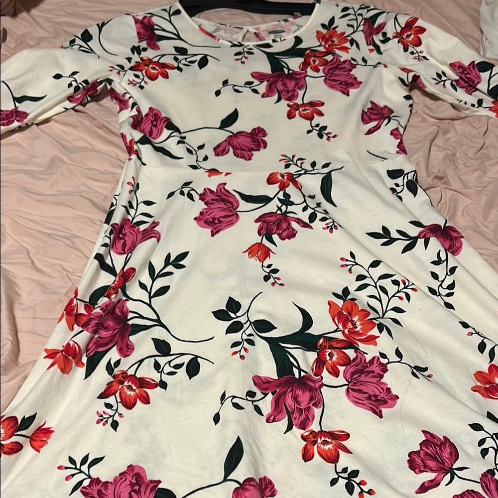 Old Navy Pink and Red Fit and Flare Dress with Bishop Sleeves